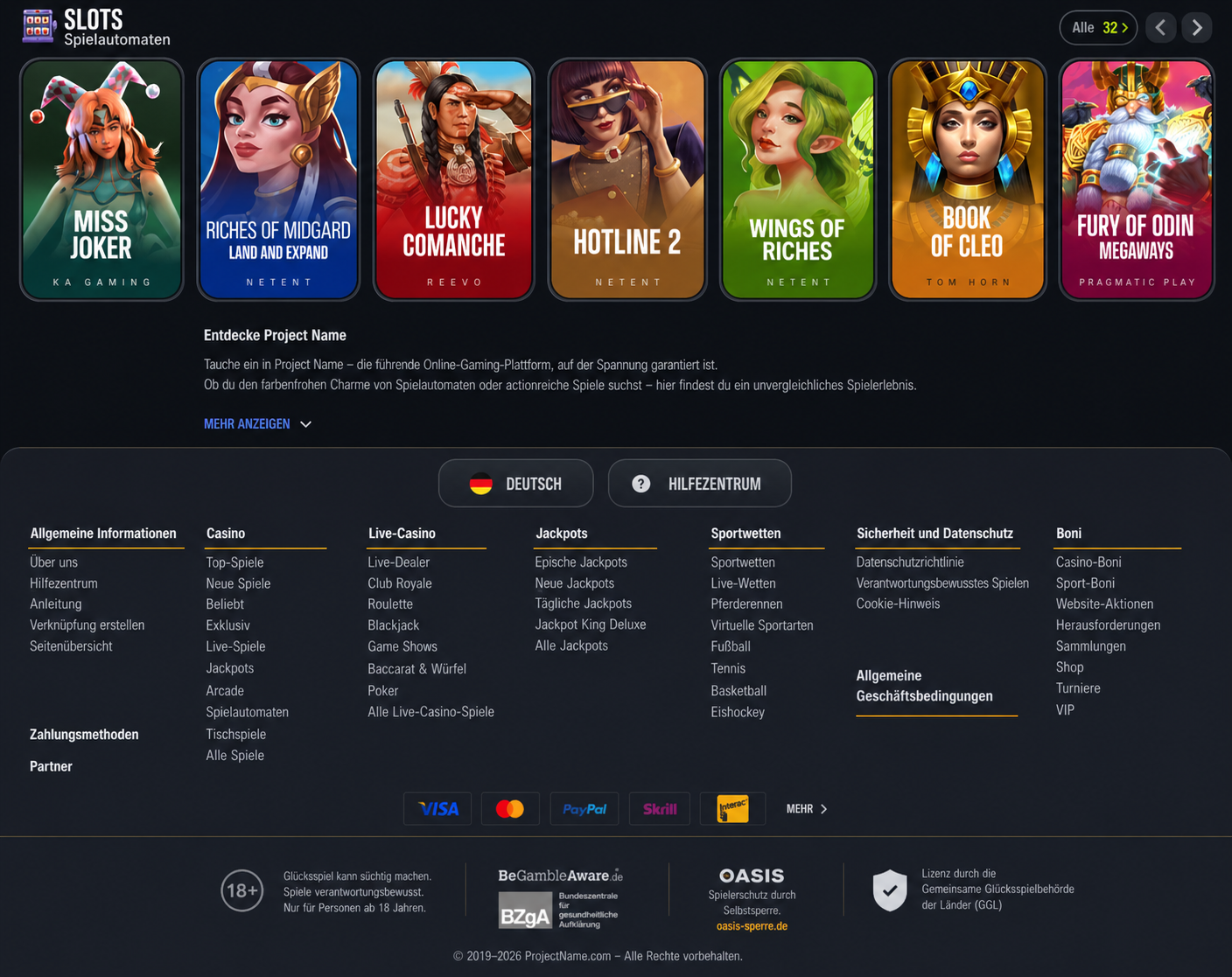 Casino website interface showcasing an array of gaming options, including card games and virtual slots